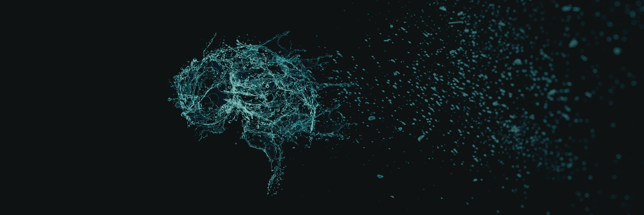 Digital brain visualization with glowing teal particles dispersing against black background.