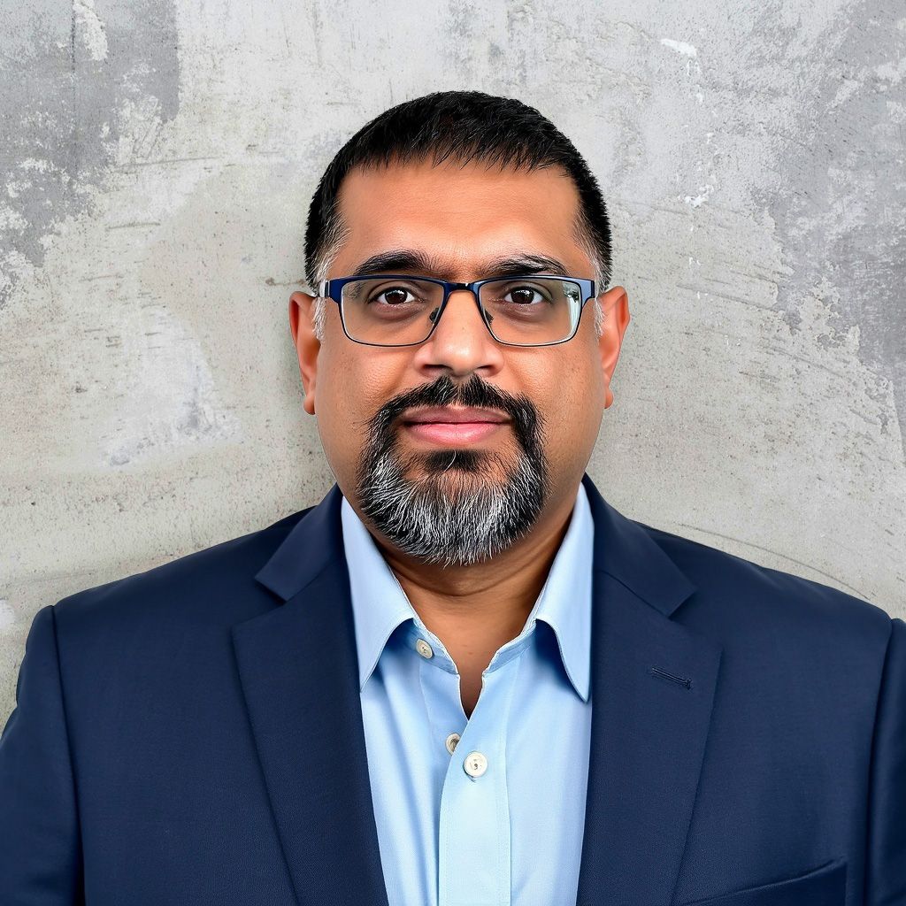 Headshot of Vinod Kalra, Director of Managed Services at Kalosys, captured against a light textured background in a blue blazer and shirt..