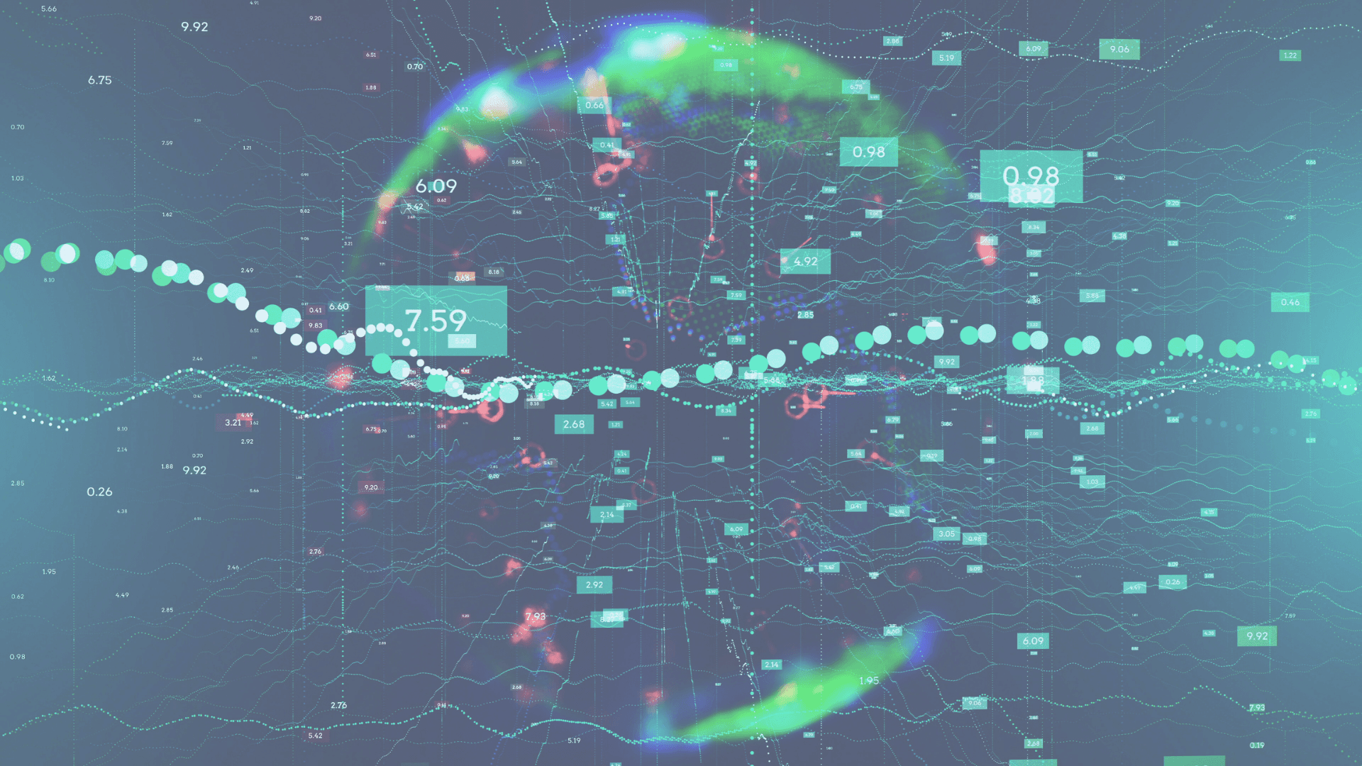 Abstract teal data visualization with floating numeric labels, wave lines, and a glowing circular overlay.